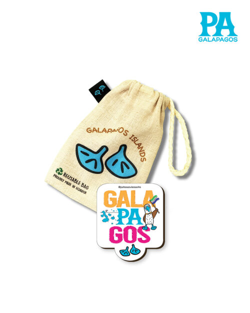 Imán Encapsulado De Palabra Galápagos En Amarillo, Celeste Y Fucsia Con Piquero De Patas Azules Sosteniendo Bandera