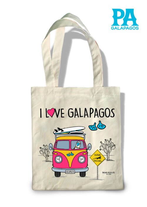 Tote Bag Con Foto De Piquero Patas Azules Dentro De Una Combi Fucsia Y Con Opuntias Alrededor