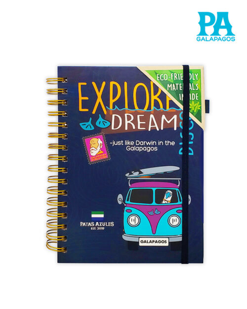 Agenda Azul Con Combi Y Frase Explore, Dream, Discover Just Like Darwin In The Galapagos