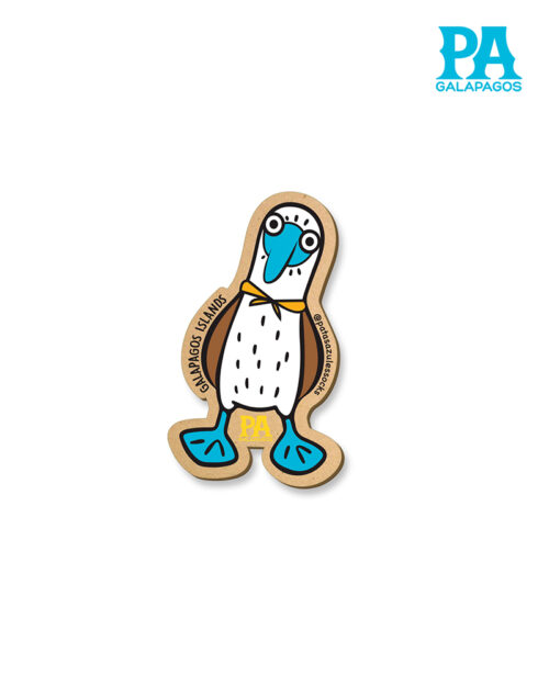 Imán mdf piquero de patas azules con logo amarillo