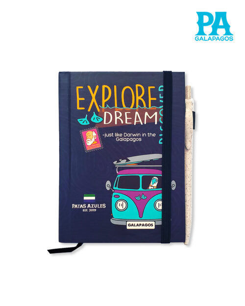 Libreta Azul Con Combi Y Frase Explore, Dream, Discover Just Like Darwin In The Galapagos