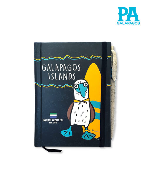 Libreta Negra Con Piquero Patas Azules Y Tabla De Surf Amarilla