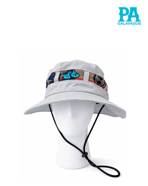 Sombrero Estilo Safari Andino Gris Claro Con Patrón Tribal De Colores, Patas Azules De Piquero Bordadas Y Cordón Ajustable