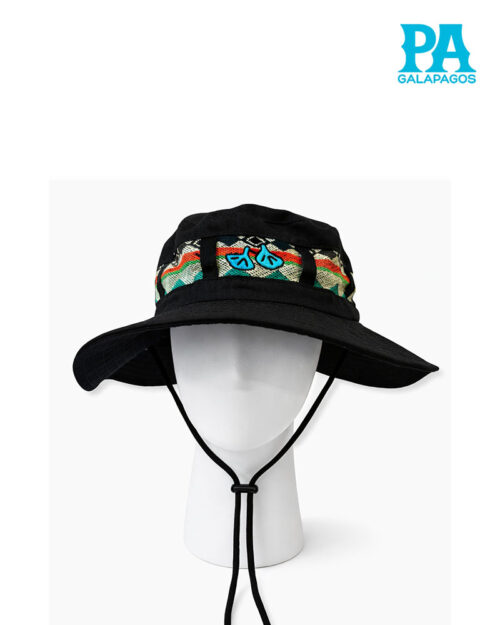 Sombrero Estilo Safari Andino Negro Con Patrón Tribal De Colores, Patas Azules De Piquero Bordadas Y Cordón Ajustable