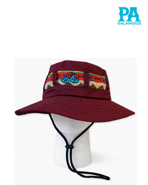 Sombrero Estilo Safari Andino Vino Con Patrón Tribal De Colores, Patas Azules De Piquero Bordadas Y Cordón Ajustable