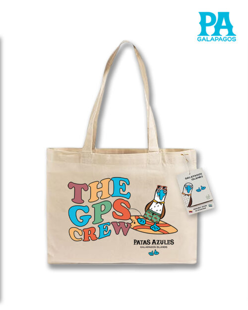 Tote Bag Horizontal Con Letras De Colores The Gps Crew Y Piquero Patas Azules En Tabla De Surf