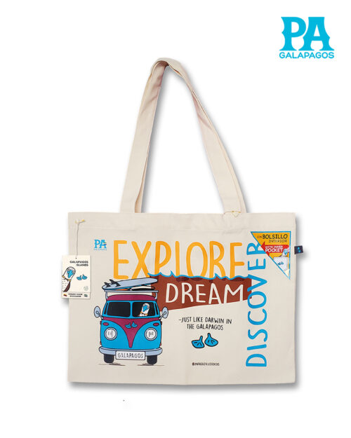 Tote Bag Horizontal Con Piquero Patas Azules En Combi Y Frase Explore, Dream, Discover Just Like Darwin In The Galapagos