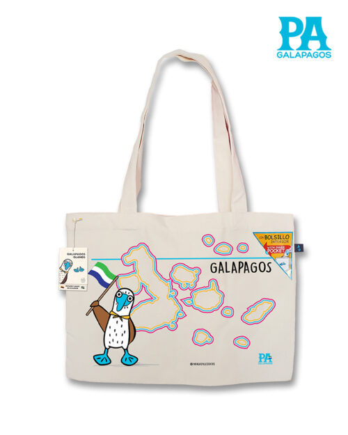 Tote Bag Horizontal Con Piquero Patas Azules Sosteniendo Bandera De Galápagos Y Mapa De Las Islas De Colores
