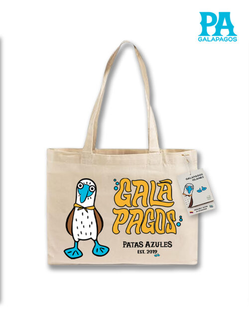 Tote Bag Horizontal Con Piquero Patas Azules Y Galápagos En Letras Amarillas