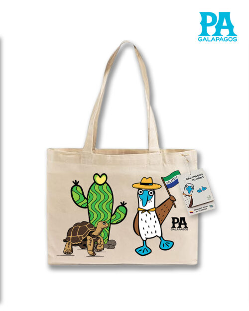 Tote Bag Horizontal Con Tortuga Terrestre Y Piquero Patas Azules Con Sombrero Sosteniendo La Bandera De Galápagos