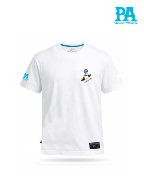 Camiseta Blanca Con Piquero Patas Azules Dentro De Combi Fucsia