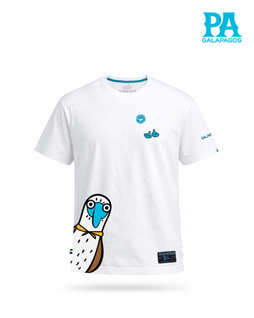 Camiseta Blanca Con Piquero Patas Azules Saliendo De La Esquina
