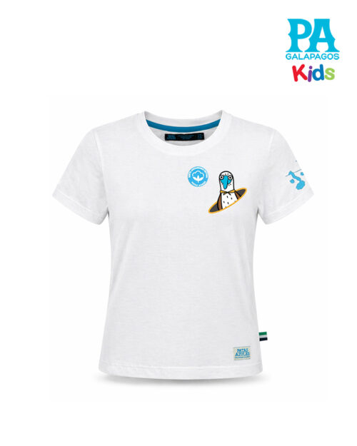 Camiseta Blanca Con Piquero Patas Azules Y Galapagos Repetido En La Espalda
