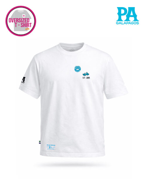 Camiseta Blanca Oversized Con Palabra Galápagos En Fucsia