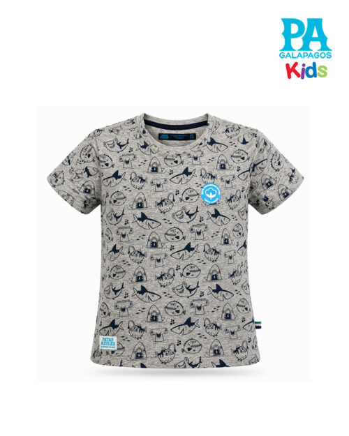 Camiseta Gris Jaspe Con Patrón De Tiburones Azules