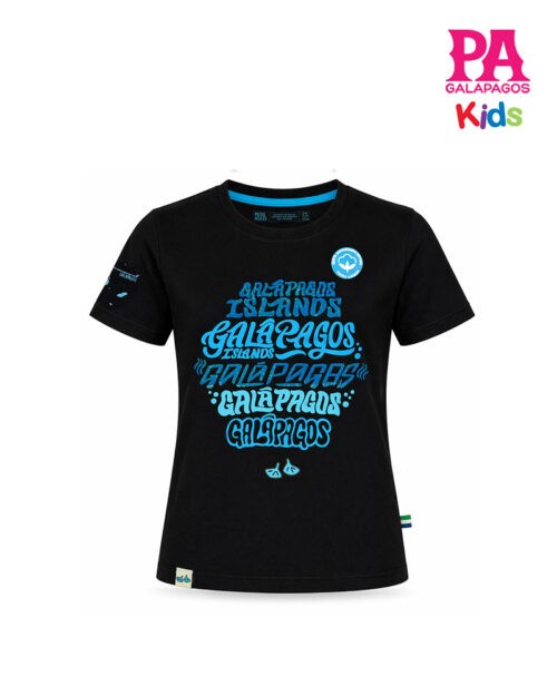 Camiseta Negra Con Galapagos Celeste Repetido Al Frente