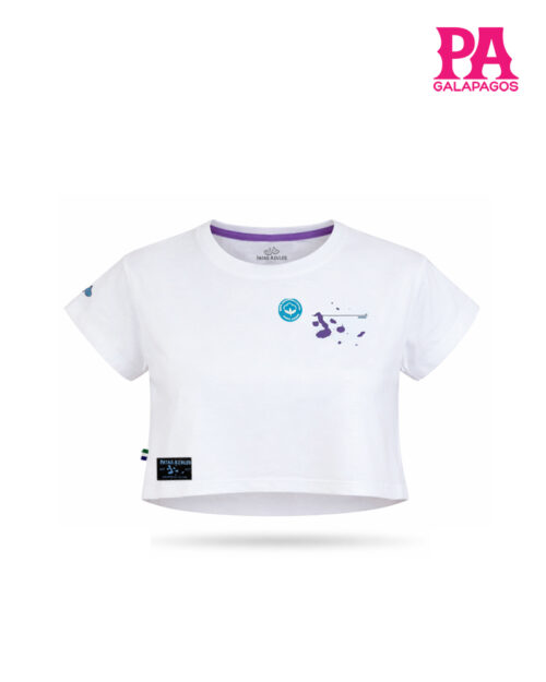 Crop Top Blanco Con Piquero Patas Azules Dentro De Combi Celeste Y Morada