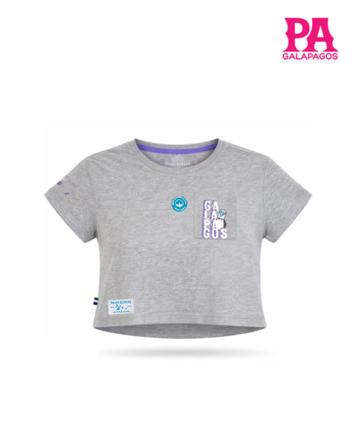 Crop Top Gris Jaspe Con Piquero Patas Azules Dentro De Combi Celeste Y Morada