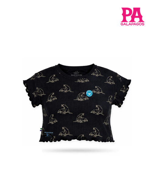Crop Top Negro Con Patrón De Leones Marinos