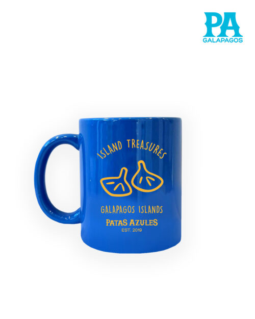 Taza Alta Cilíndrica Azul Con Frase Island Treasures Y Patas De Piquero