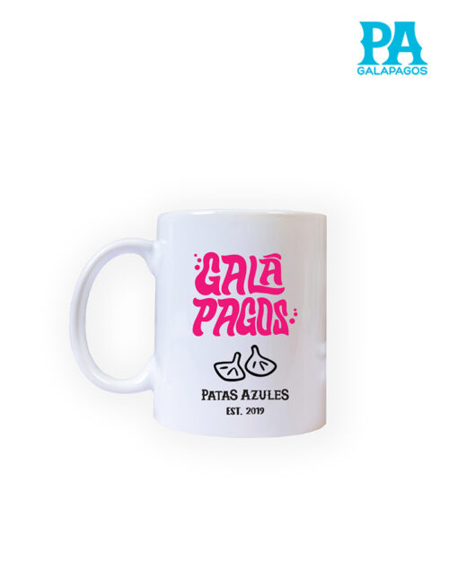 Taza Alta Cilíndrica Blanca Con Palabra Galápagos En Fucsia Y Patas De Piquero Negras