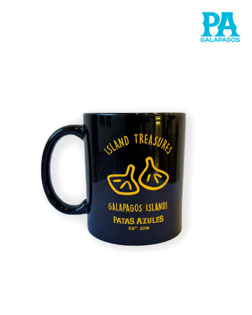 Taza Alta Cilíndrica Negra Con Frase Island Treasures Y Patas De Piquero