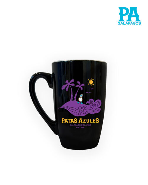 Taza Alta Negra Con Palmeras Y Olas Moradas
