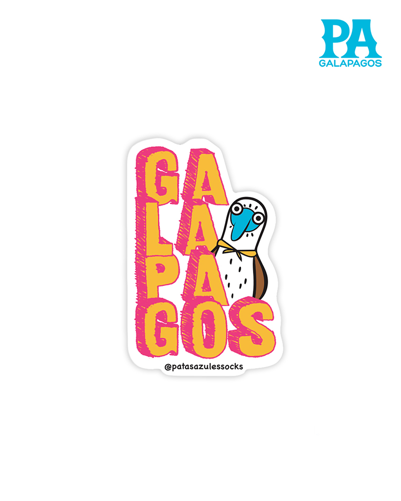 Sticker De Palabra Galápagos Amarillo Con Fucsia Y Piquero Patas Azules